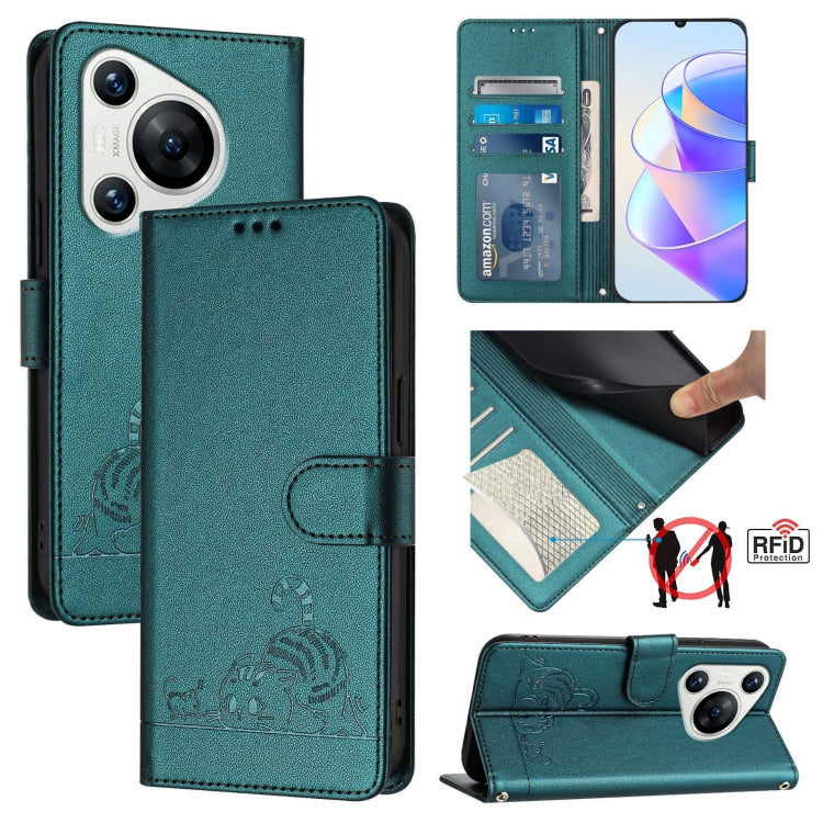 Cat Rat Embossed Pattern RFID Leather Phone Case with Lanyard, For Huawei nova 14 5G, For Huawei nova 13 Pro 5G, For Huawei Pura 70 Pro, For Huawei Pura 70, For Huawei Mate 60 Pro/60 Pro+, For Huawei Mate 60, For Huawei P60 Art, For Huawei P60/P60 Pro