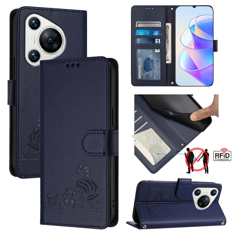 Cat Rat Embossed Pattern RFID Leather Phone Case with Lanyard, For Huawei nova 14 5G, For Huawei nova 13 Pro 5G, For Huawei Pura 70 Pro, For Huawei Pura 70, For Huawei Mate 60 Pro/60 Pro+, For Huawei Mate 60, For Huawei P60 Art, For Huawei P60/P60 Pro
