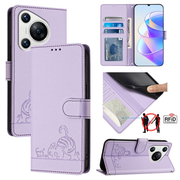 Cat Rat Embossed Pattern RFID Leather Phone Case with Lanyard, For Huawei nova 14 5G, For Huawei nova 13 Pro 5G, For Huawei Pura 70 Pro, For Huawei Pura 70, For Huawei Mate 60 Pro/60 Pro+, For Huawei Mate 60, For Huawei P60 Art, For Huawei P60/P60 Pro