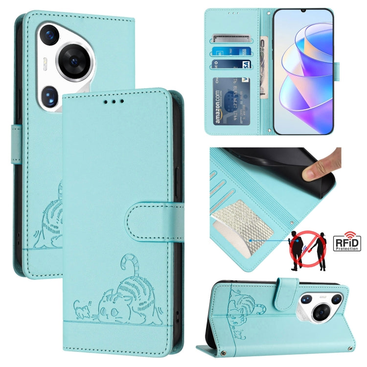 Cat Rat Embossed Pattern RFID Leather Phone Case with Lanyard, For Huawei nova 14 5G, For Huawei nova 13 Pro 5G, For Huawei Pura 70 Pro, For Huawei Pura 70, For Huawei Mate 60 Pro/60 Pro+, For Huawei Mate 60, For Huawei P60 Art, For Huawei P60/P60 Pro
