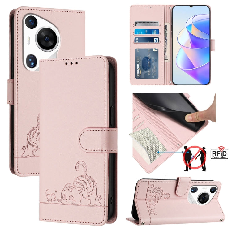 Cat Rat Embossed Pattern RFID Leather Phone Case with Lanyard, For Huawei nova 14 5G, For Huawei nova 13 Pro 5G, For Huawei Pura 70 Pro, For Huawei Pura 70, For Huawei Mate 60 Pro/60 Pro+, For Huawei Mate 60, For Huawei P60 Art, For Huawei P60/P60 Pro