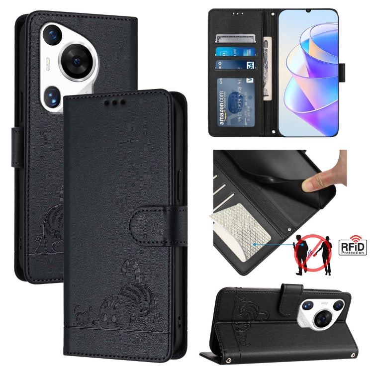 Cat Rat Embossed Pattern RFID Leather Phone Case with Lanyard, For Huawei nova 14 5G, For Huawei nova 13 Pro 5G, For Huawei Pura 70 Pro, For Huawei Pura 70, For Huawei Mate 60 Pro/60 Pro+, For Huawei Mate 60, For Huawei P60 Art, For Huawei P60/P60 Pro