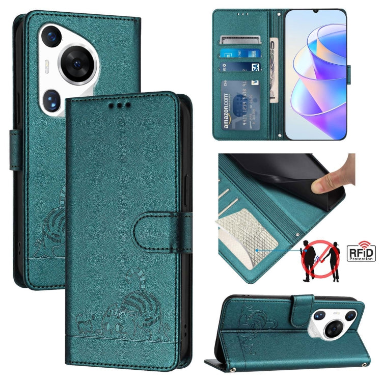 Cat Rat Embossed Pattern RFID Leather Phone Case with Lanyard, For Huawei nova 14 5G, For Huawei nova 13 Pro 5G, For Huawei Pura 70 Pro, For Huawei Pura 70, For Huawei Mate 60 Pro/60 Pro+, For Huawei Mate 60, For Huawei P60 Art, For Huawei P60/P60 Pro