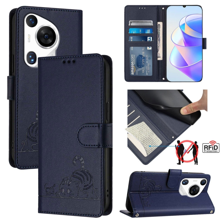 Cat Rat Embossed Pattern RFID Leather Phone Case with Lanyard, For Huawei nova 14 5G, For Huawei nova 13 Pro 5G, For Huawei Pura 70 Pro, For Huawei Pura 70, For Huawei Mate 60 Pro/60 Pro+, For Huawei Mate 60, For Huawei P60 Art, For Huawei P60/P60 Pro