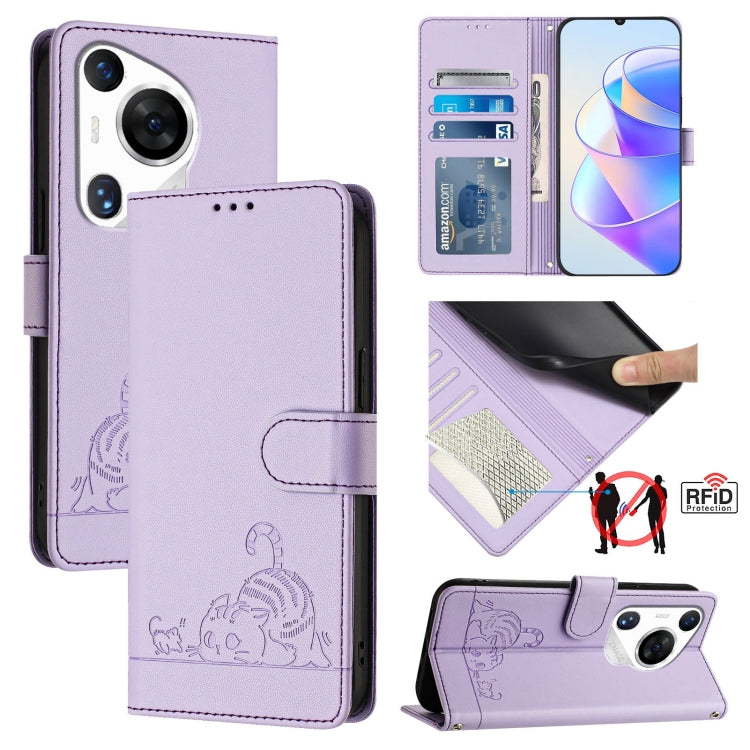 Cat Rat Embossed Pattern RFID Leather Phone Case with Lanyard, For Huawei nova 14 5G, For Huawei nova 13 Pro 5G, For Huawei Pura 70 Pro, For Huawei Pura 70, For Huawei Mate 60 Pro/60 Pro+, For Huawei Mate 60, For Huawei P60 Art, For Huawei P60/P60 Pro
