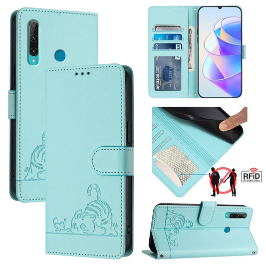 Cat Rat Embossed Pattern RFID Leather Phone Case with Lanyard, For Huawei Enjoy 9s 4G, For Huawei P30 lite/nova 4e, For Huawei P30 Pro, For Huawei P30, For Huawei P Smart 2019, For Huawei P Smart+ 2019