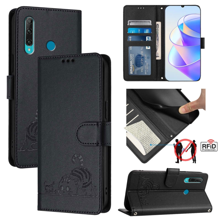 Cat Rat Embossed Pattern RFID Leather Phone Case with Lanyard, For Huawei Enjoy 9s 4G, For Huawei P30 lite/nova 4e, For Huawei P30 Pro, For Huawei P30, For Huawei P Smart 2019, For Huawei P Smart+ 2019