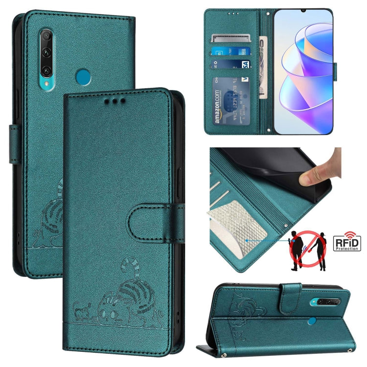 Cat Rat Embossed Pattern RFID Leather Phone Case with Lanyard, For Huawei Enjoy 9s 4G, For Huawei P30 lite/nova 4e, For Huawei P30 Pro, For Huawei P30, For Huawei P Smart 2019, For Huawei P Smart+ 2019