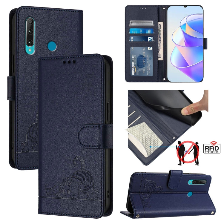 Cat Rat Embossed Pattern RFID Leather Phone Case with Lanyard, For Huawei Enjoy 9s 4G, For Huawei P30 lite/nova 4e, For Huawei P30 Pro, For Huawei P30, For Huawei P Smart 2019, For Huawei P Smart+ 2019