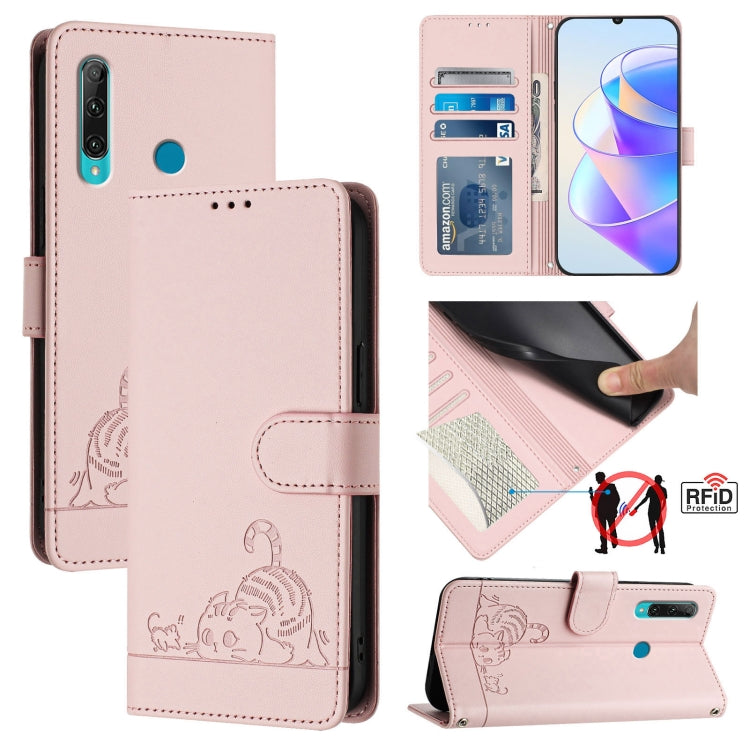 Cat Rat Embossed Pattern RFID Leather Phone Case with Lanyard, For Huawei Enjoy 9s 4G, For Huawei P30 lite/nova 4e, For Huawei P30 Pro, For Huawei P30, For Huawei P Smart 2019, For Huawei P Smart+ 2019