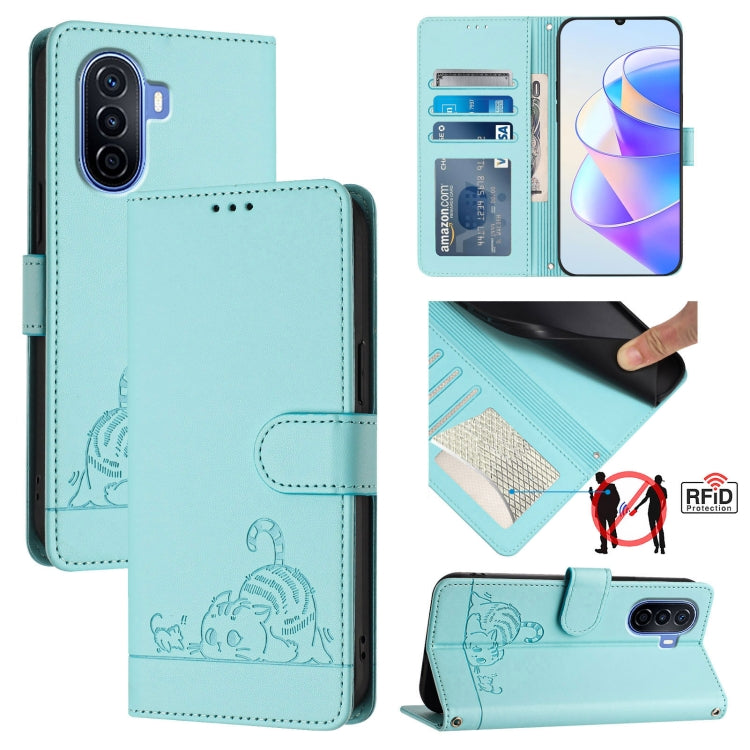 Cat Rat Embossed Pattern RFID Leather Phone Case with Lanyard, For Huawei Enjoy 50 Pro 4G, For Huawei nova Y90, For Huawei Enjoy 50 4G, For Huawei nova Y70 Plus, For Huawei nova 9, For Huawei P50 Pro, For Huawei P50, For Huawei Enjoy 20 SE/Y7a 4G