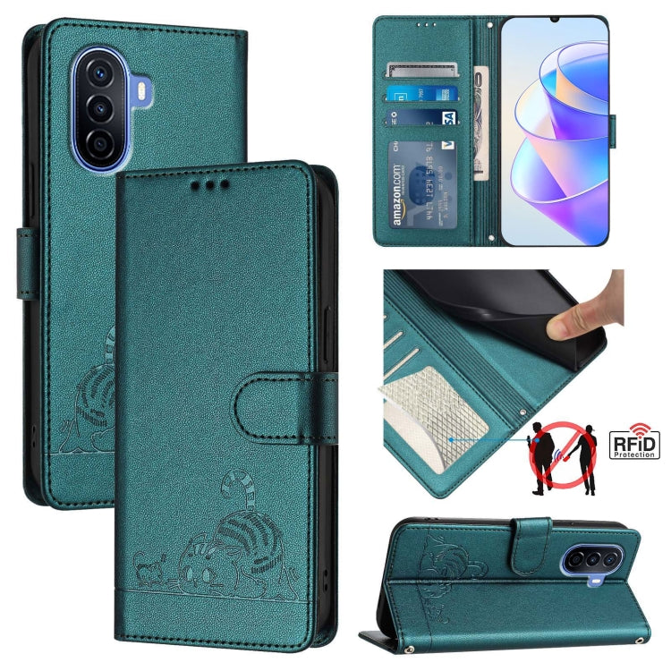 Cat Rat Embossed Pattern RFID Leather Phone Case with Lanyard, For Huawei Enjoy 50 Pro 4G, For Huawei nova Y90, For Huawei Enjoy 50 4G, For Huawei nova Y70 Plus, For Huawei nova 9, For Huawei P50 Pro, For Huawei P50, For Huawei Enjoy 20 SE/Y7a 4G