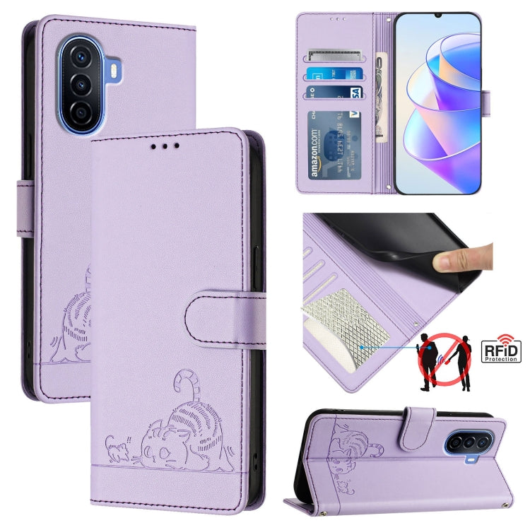Cat Rat Embossed Pattern RFID Leather Phone Case with Lanyard, For Huawei Enjoy 50 Pro 4G, For Huawei nova Y90, For Huawei Enjoy 50 4G, For Huawei nova Y70 Plus, For Huawei nova 9, For Huawei P50 Pro, For Huawei P50, For Huawei Enjoy 20 SE/Y7a 4G