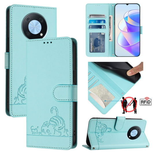 Cat Rat Embossed Pattern RFID Leather Phone Case with Lanyard, For Huawei Enjoy 50 Pro 4G, For Huawei nova Y90, For Huawei Enjoy 50 4G, For Huawei nova Y70 Plus, For Huawei nova 9, For Huawei P50 Pro, For Huawei P50, For Huawei Enjoy 20 SE/Y7a 4G