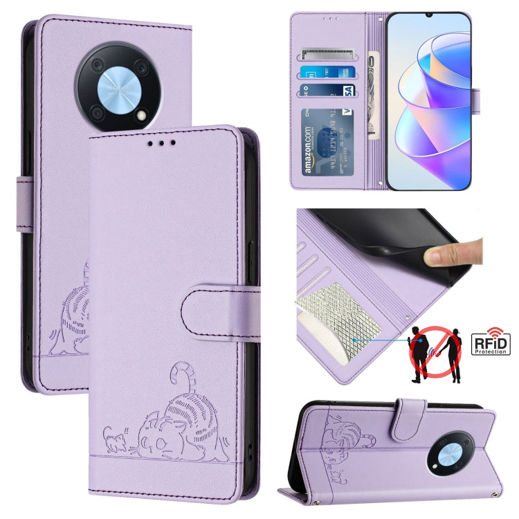 Cat Rat Embossed Pattern RFID Leather Phone Case with Lanyard, For Huawei Enjoy 50 Pro 4G, For Huawei nova Y90, For Huawei Enjoy 50 4G, For Huawei nova Y70 Plus, For Huawei nova 9, For Huawei P50 Pro, For Huawei P50, For Huawei Enjoy 20 SE/Y7a 4G