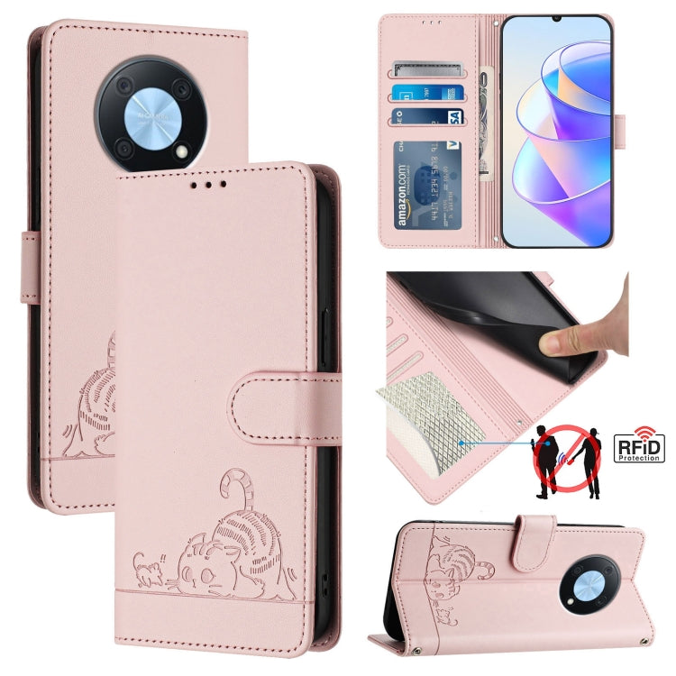 Cat Rat Embossed Pattern RFID Leather Phone Case with Lanyard, For Huawei Enjoy 50 Pro 4G, For Huawei nova Y90, For Huawei Enjoy 50 4G, For Huawei nova Y70 Plus, For Huawei nova 9, For Huawei P50 Pro, For Huawei P50, For Huawei Enjoy 20 SE/Y7a 4G