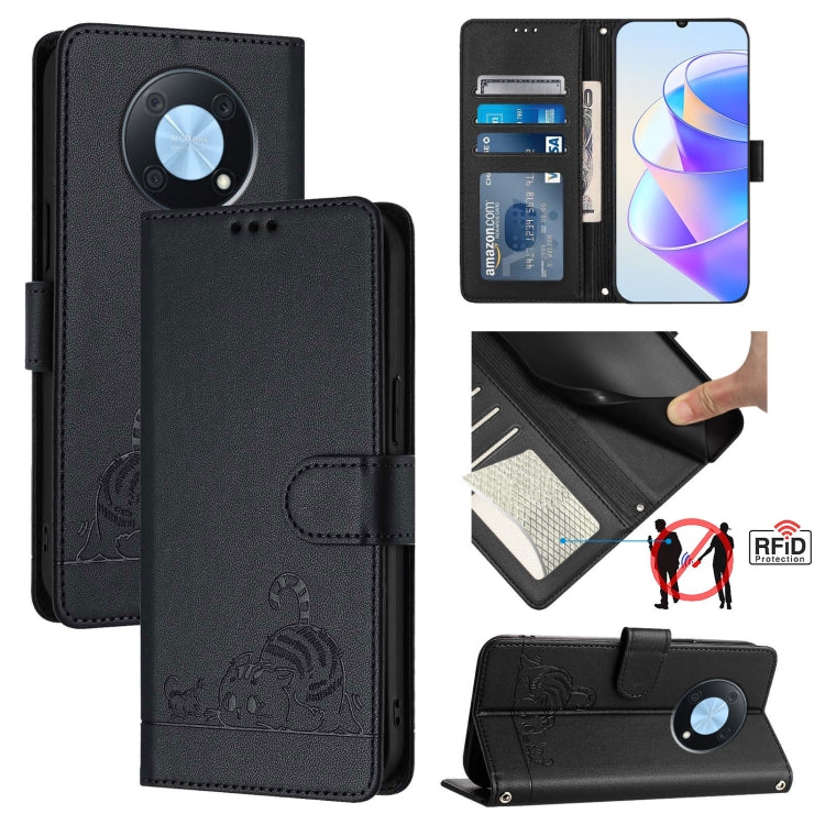 Cat Rat Embossed Pattern RFID Leather Phone Case with Lanyard, For Huawei Enjoy 50 Pro 4G, For Huawei nova Y90, For Huawei Enjoy 50 4G, For Huawei nova Y70 Plus, For Huawei nova 9, For Huawei P50 Pro, For Huawei P50, For Huawei Enjoy 20 SE/Y7a 4G