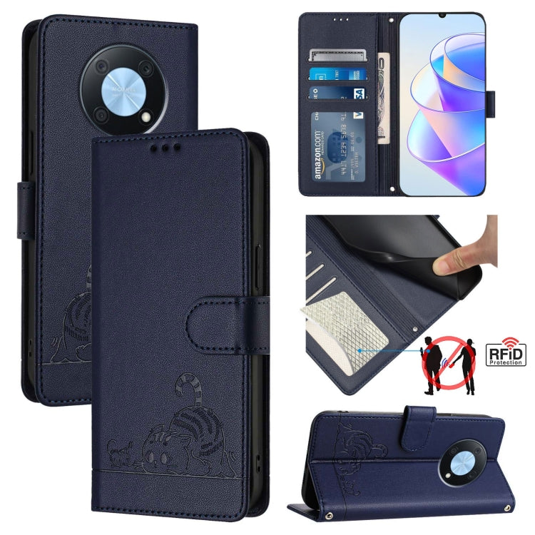 Cat Rat Embossed Pattern RFID Leather Phone Case with Lanyard, For Huawei Enjoy 50 Pro 4G, For Huawei nova Y90, For Huawei Enjoy 50 4G, For Huawei nova Y70 Plus, For Huawei nova 9, For Huawei P50 Pro, For Huawei P50, For Huawei Enjoy 20 SE/Y7a 4G