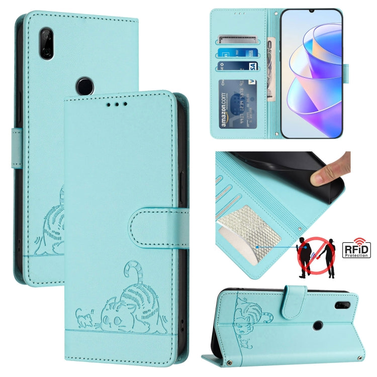 Cat Rat Embossed Pattern RFID Leather Phone Case with Lanyard, For Huawei P smart 2021 4G, For Huawei P40 lite 4G, For Huawei P40 Pro, For Huawei P40, For Huawei nova 6 SE, For Huawei Enjoy 10 Plus, For Huawei P Smart Z, For Huawei Y9 Prime 2019