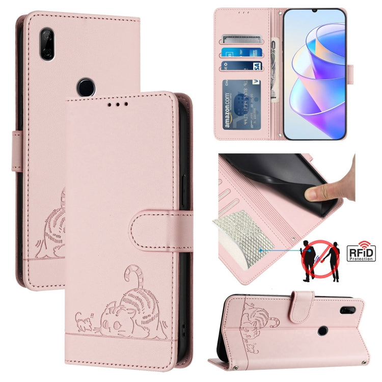 Cat Rat Embossed Pattern RFID Leather Phone Case with Lanyard, For Huawei P smart 2021 4G, For Huawei P40 lite 4G, For Huawei P40 Pro, For Huawei P40, For Huawei nova 6 SE, For Huawei Enjoy 10 Plus, For Huawei P Smart Z, For Huawei Y9 Prime 2019