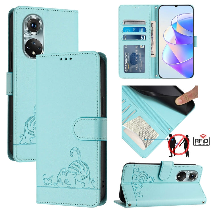 Cat Rat Embossed Pattern RFID Leather Phone Case with Lanyard, For Huawei Enjoy 50 Pro 4G, For Huawei nova Y90, For Huawei Enjoy 50 4G, For Huawei nova Y70 Plus, For Huawei nova 9, For Huawei P50 Pro, For Huawei P50, For Huawei Enjoy 20 SE/Y7a 4G
