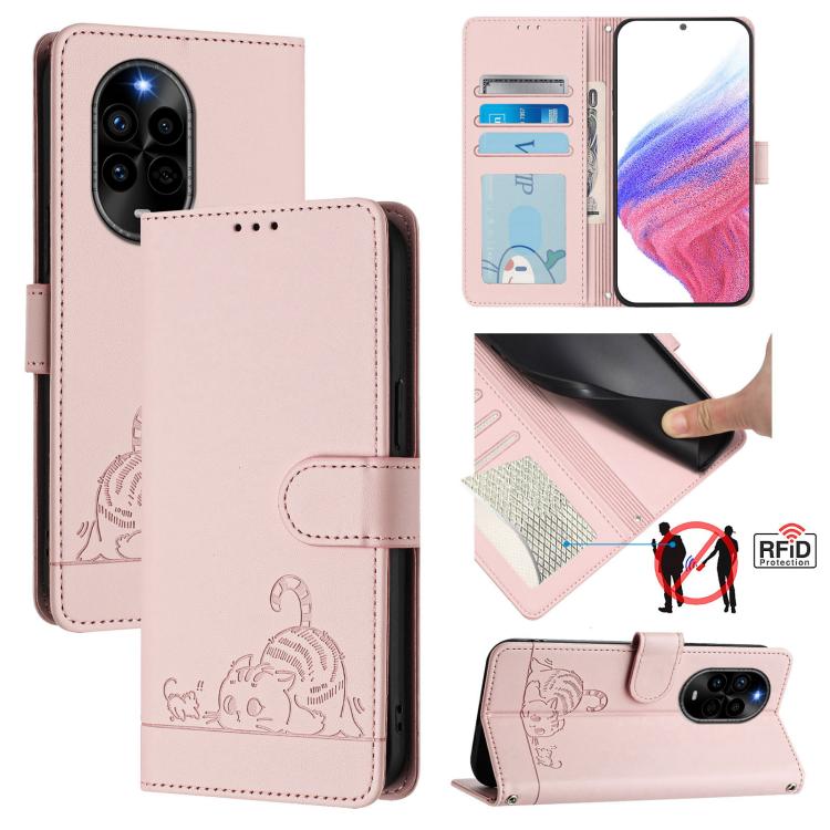 Cat Rat Embossed Pattern RFID Leather Phone Case with Lanyard, For Huawei nova 14 5G, For Huawei nova 13 Pro 5G, For Huawei Pura 70 Pro, For Huawei Pura 70, For Huawei Mate 60 Pro/60 Pro+, For Huawei Mate 60, For Huawei P60 Art, For Huawei P60/P60 Pro