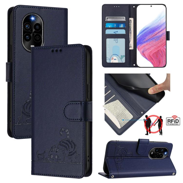 Cat Rat Embossed Pattern RFID Leather Phone Case with Lanyard, For Huawei nova 14 5G, For Huawei nova 13 Pro 5G, For Huawei Pura 70 Pro, For Huawei Pura 70, For Huawei Mate 60 Pro/60 Pro+, For Huawei Mate 60, For Huawei P60 Art, For Huawei P60/P60 Pro