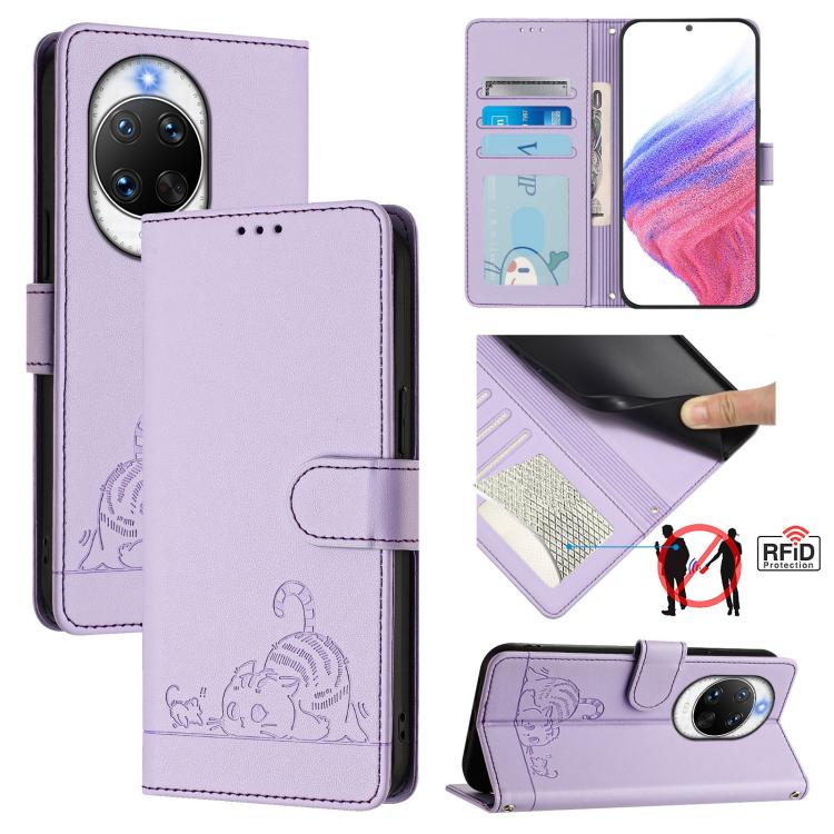 Cat Rat Embossed Pattern RFID Leather Phone Case with Lanyard, For Huawei nova 14 Lite 5G / nova 15 / 16z, For Huawei nova 16 5G, For Huawei Pura 90 Pro Max 5G, For Huawei Pura 90 Pro 5G, For Huawei Mate 70 Air 5G, For Huawei Enjoy 80s 4G              ...