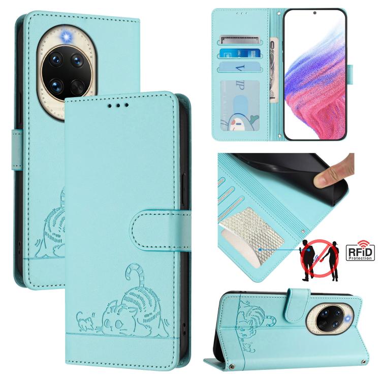 Cat Rat Embossed Pattern RFID Leather Phone Case with Lanyard, For Huawei nova 14 5G, For Huawei nova 13 Pro 5G, For Huawei Pura 70 Pro, For Huawei Pura 70, For Huawei Mate 60 Pro/60 Pro+, For Huawei Mate 60, For Huawei P60 Art, For Huawei P60/P60 Pro