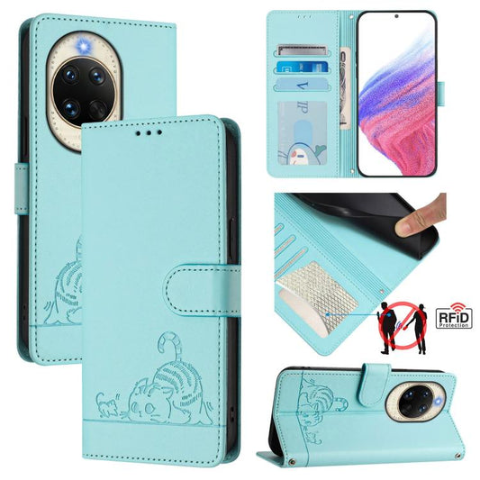 Cat Rat Embossed Pattern RFID Leather Phone Case with Lanyard, For Huawei nova 14 5G, For Huawei nova 13 Pro 5G, For Huawei Pura 70 Pro, For Huawei Pura 70, For Huawei Mate 60 Pro/60 Pro+, For Huawei Mate 60, For Huawei P60 Art, For Huawei P60/P60 Pro