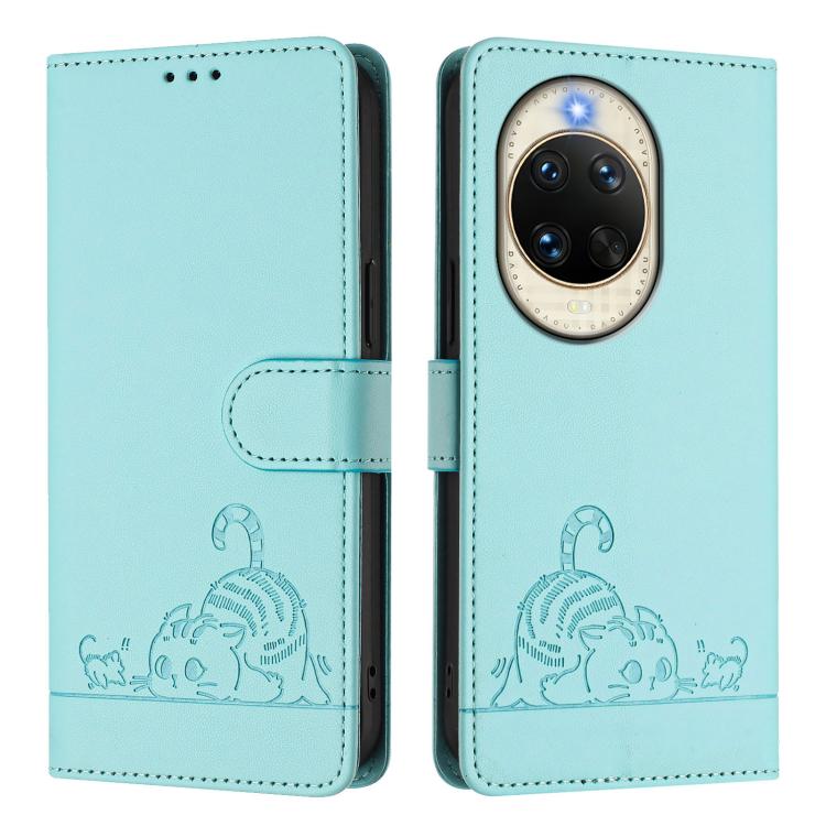 Cat Rat Embossed Pattern RFID Leather Phone Case with Lanyard, For Huawei nova 14 5G, For Huawei nova 13 Pro 5G, For Huawei Pura 70 Pro, For Huawei Pura 70, For Huawei Mate 60 Pro/60 Pro+, For Huawei Mate 60, For Huawei P60 Art, For Huawei P60/P60 Pro