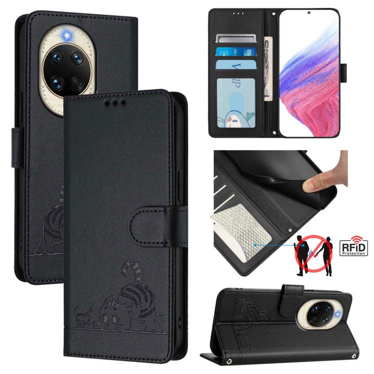 Cat Rat Embossed Pattern RFID Leather Phone Case with Lanyard, For Huawei nova 14 5G, For Huawei nova 13 Pro 5G, For Huawei Pura 70 Pro, For Huawei Pura 70, For Huawei Mate 60 Pro/60 Pro+, For Huawei Mate 60, For Huawei P60 Art, For Huawei P60/P60 Pro
