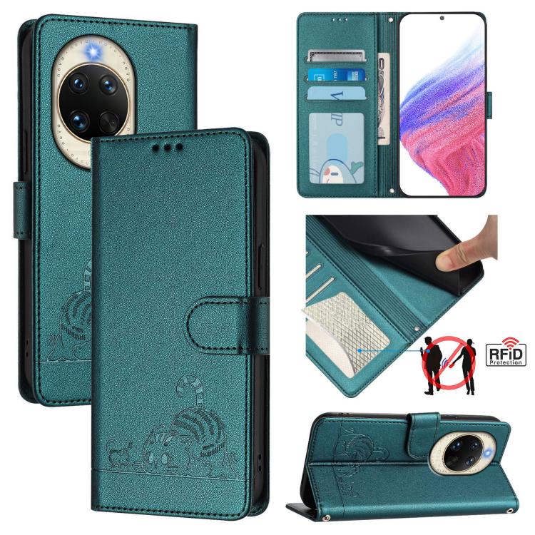Cat Rat Embossed Pattern RFID Leather Phone Case with Lanyard, For Huawei nova 14 5G, For Huawei nova 13 Pro 5G, For Huawei Pura 70 Pro, For Huawei Pura 70, For Huawei Mate 60 Pro/60 Pro+, For Huawei Mate 60, For Huawei P60 Art, For Huawei P60/P60 Pro