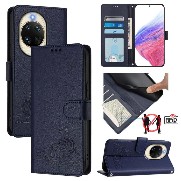 Cat Rat Embossed Pattern RFID Leather Phone Case with Lanyard, For Huawei nova 14 5G, For Huawei nova 13 Pro 5G, For Huawei Pura 70 Pro, For Huawei Pura 70, For Huawei Mate 60 Pro/60 Pro+, For Huawei Mate 60, For Huawei P60 Art, For Huawei P60/P60 Pro