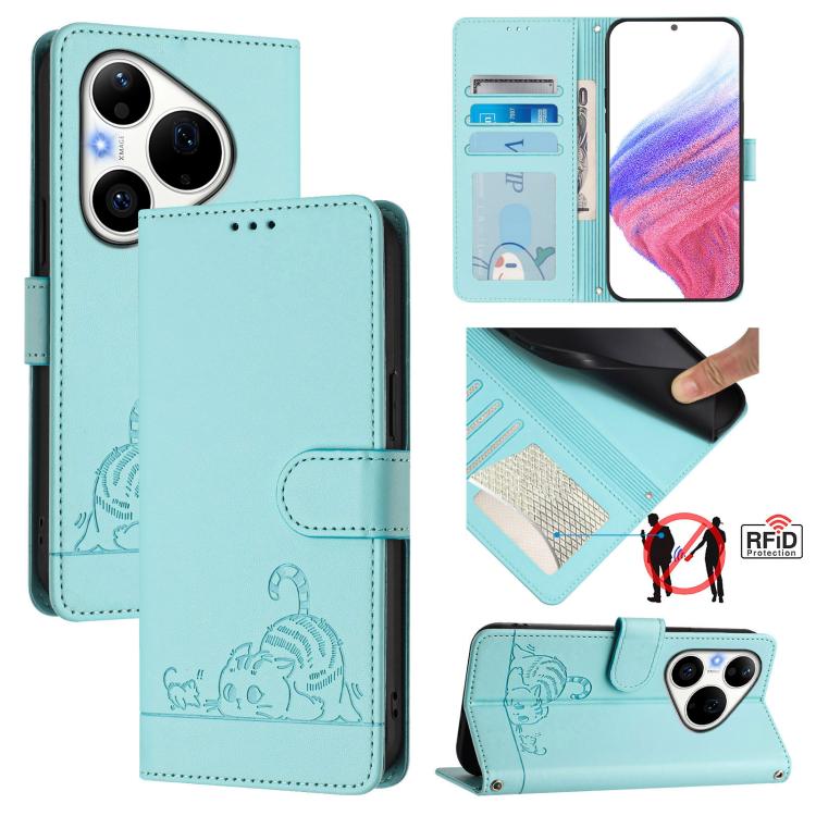 Cat Rat Embossed Pattern RFID Leather Phone Case with Lanyard, For Huawei nova 14 Lite 5G / nova 15 / 16z, For Huawei nova 16 5G, For Huawei Pura 90 Pro Max 5G, For Huawei Pura 90 Pro 5G, For Huawei Mate 70 Air 5G, For Huawei Enjoy 80s 4G              ...