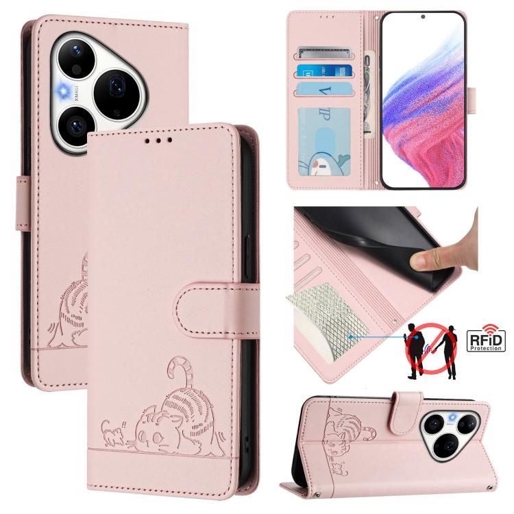 Cat Rat Embossed Pattern RFID Leather Phone Case with Lanyard, For Huawei nova 14 Lite 5G / nova 15 / 16z, For Huawei nova 16 5G, For Huawei Pura 90 Pro Max 5G, For Huawei Pura 90 Pro 5G, For Huawei Mate 70 Air 5G, For Huawei Enjoy 80s 4G              ...