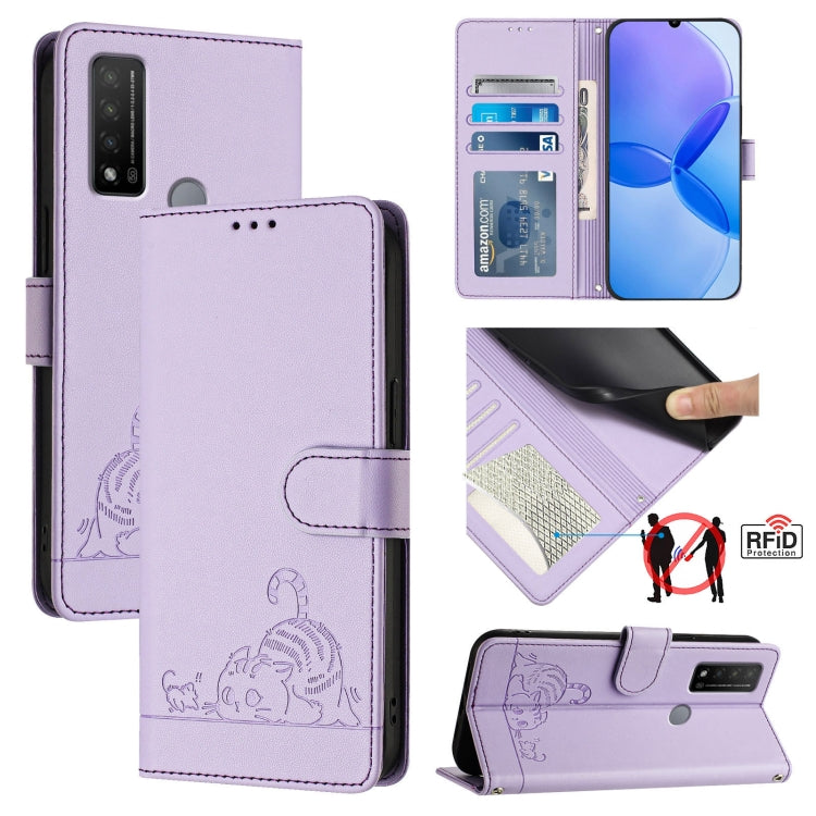 Cat Rat Embossed Pattern RFID Leather Phone Case with Lanyard, For TCL 30 / 30 5G / 30+, For TCL 30 SE, For TCL 30 XE 5G, For TCL 20 R