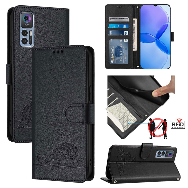 Cat Rat Embossed Pattern RFID Leather Phone Case with Lanyard, For TCL 30 / 30 5G / 30+, For TCL 30 SE, For TCL 30 XE 5G, For TCL 20 R