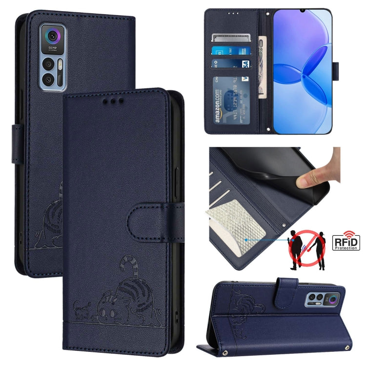 Cat Rat Embossed Pattern RFID Leather Phone Case with Lanyard, For TCL 30 / 30 5G / 30+, For TCL 30 SE, For TCL 30 XE 5G, For TCL 20 R