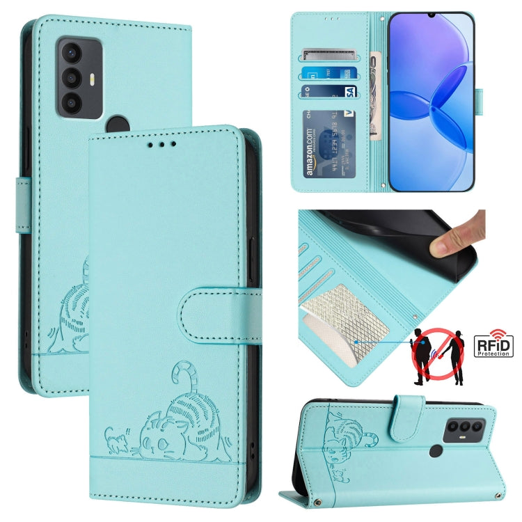 Cat Rat Embossed Pattern RFID Leather Phone Case with Lanyard, For TCL 30 / 30 5G / 30+, For TCL 30 SE, For TCL 30 XE 5G, For TCL 20 R