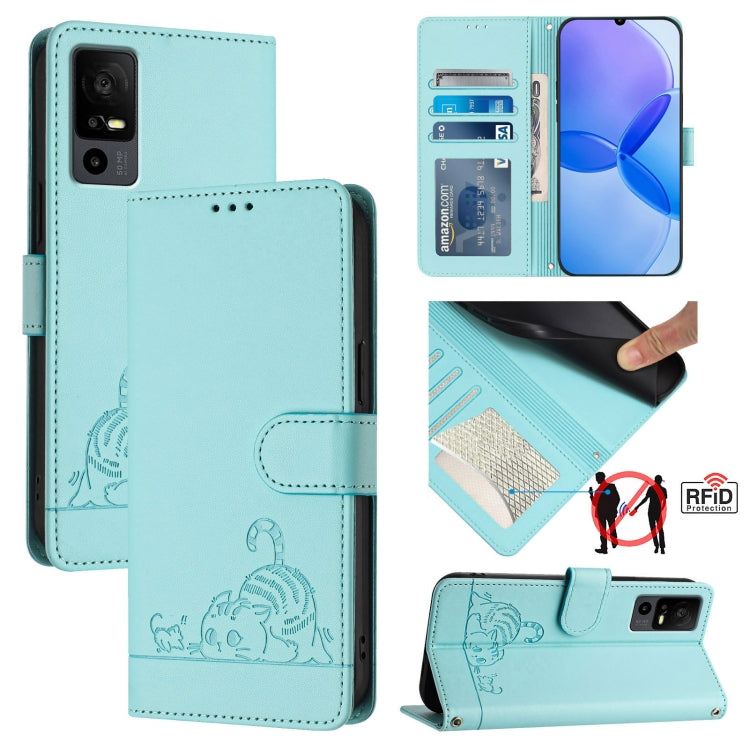 Cat Rat Embossed Pattern RFID Leather Phone Case with Lanyard, For TCL 403, For TCL 40 R, For TCL 30 XL T701DL, For TCL 305 / 306, For TCL Stylus 5G, For TCL 303, For TCL 30T T603DL, For TCL 30Z T602DL