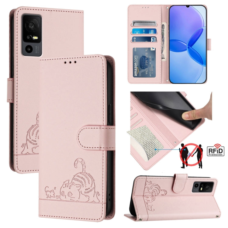Cat Rat Embossed Pattern RFID Leather Phone Case with Lanyard, For TCL 403, For TCL 40 R, For TCL 30 XL T701DL, For TCL 305 / 306, For TCL Stylus 5G, For TCL 303, For TCL 30T T603DL, For TCL 30Z T602DL