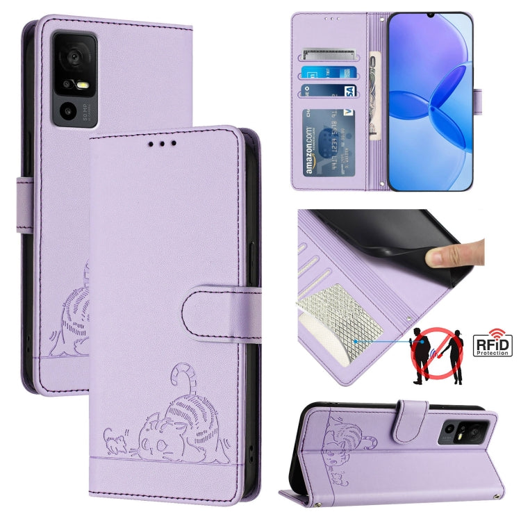 Cat Rat Embossed Pattern RFID Leather Phone Case with Lanyard, For TCL 403, For TCL 40 R, For TCL 30 XL T701DL, For TCL 305 / 306, For TCL Stylus 5G, For TCL 303, For TCL 30T T603DL, For TCL 30Z T602DL