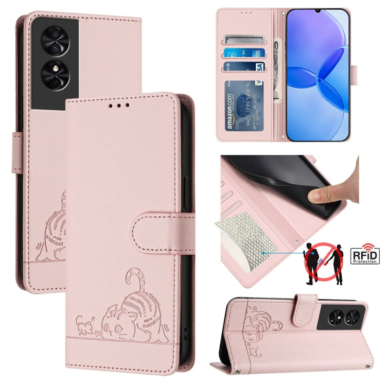Cat Rat Embossed Pattern RFID Leather Phone Case with Lanyard, For TCL 50 XE, For TCL 50 SE, For TCL 501, For TCL 505, For TCL 502, For TCL 405 / 406 / 408, For TCL 40 XL / 40 T T608DL, For TCL 40 SE