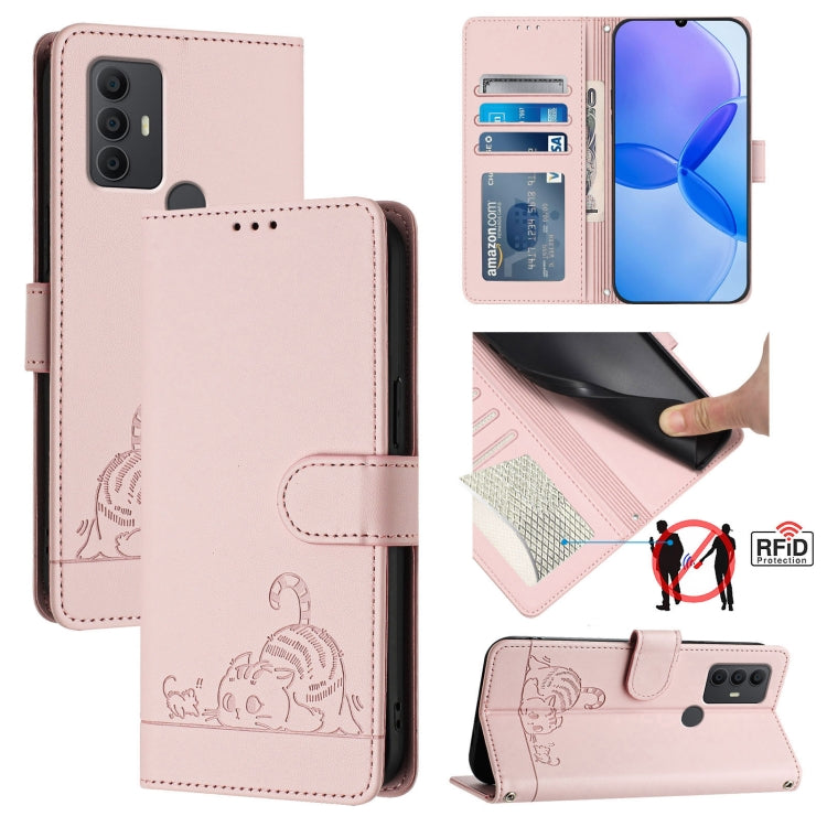 Cat Rat Embossed Pattern RFID Leather Phone Case with Lanyard, For TCL 403, For TCL 40 R, For TCL 30 XL T701DL, For TCL 305 / 306, For TCL Stylus 5G, For TCL 303, For TCL 30T T603DL, For TCL 30Z T602DL