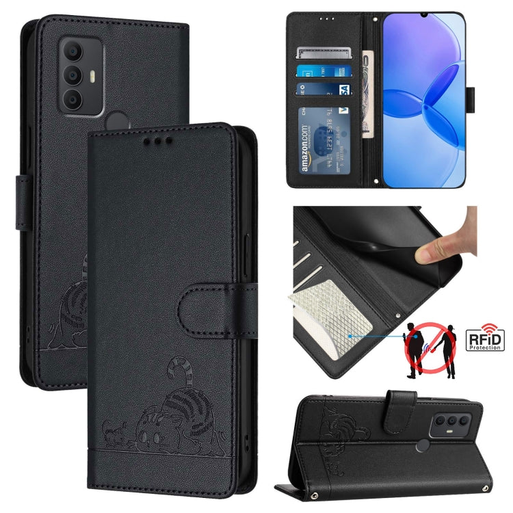 Cat Rat Embossed Pattern RFID Leather Phone Case with Lanyard, For TCL 403, For TCL 40 R, For TCL 30 XL T701DL, For TCL 305 / 306, For TCL Stylus 5G, For TCL 303, For TCL 30T T603DL, For TCL 30Z T602DL