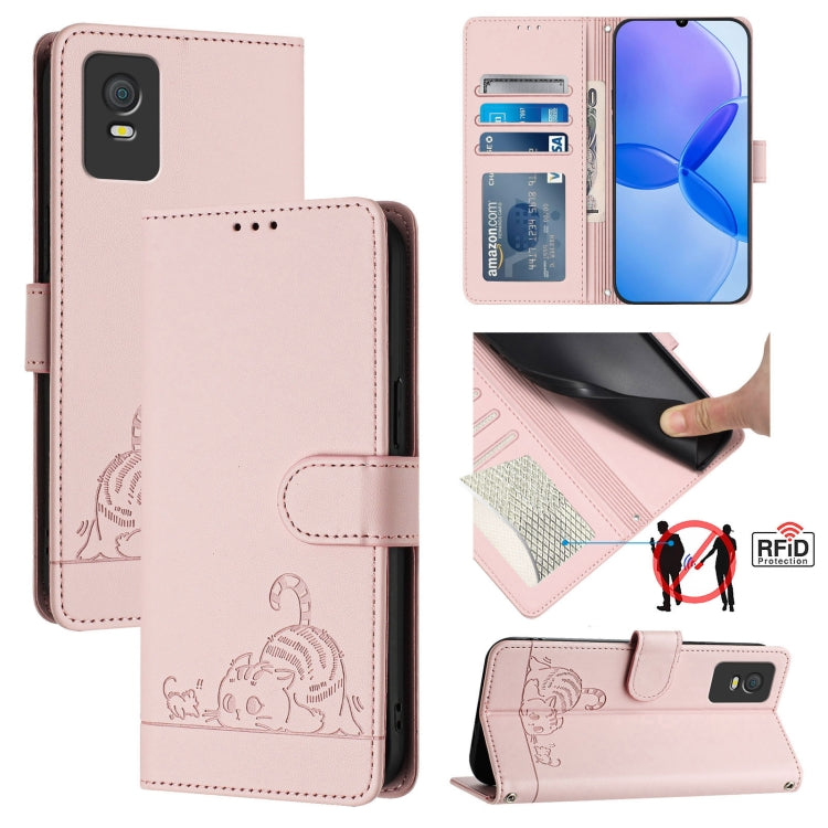 Cat Rat Embossed Pattern RFID Leather Phone Case with Lanyard, For TCL 403, For TCL 40 R, For TCL 30 XL T701DL, For TCL 305 / 306, For TCL Stylus 5G, For TCL 303, For TCL 30T T603DL, For TCL 30Z T602DL