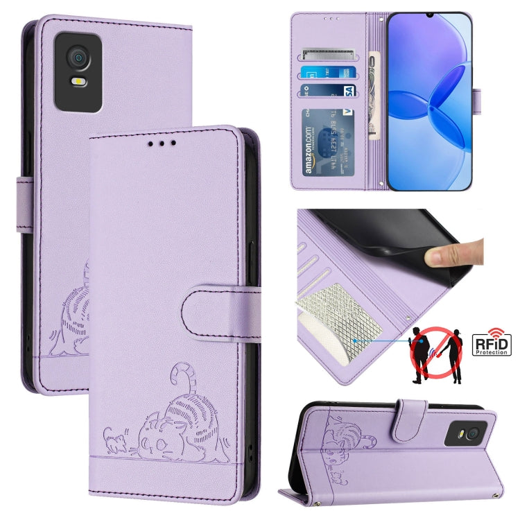 Cat Rat Embossed Pattern RFID Leather Phone Case with Lanyard, For TCL 403, For TCL 40 R, For TCL 30 XL T701DL, For TCL 305 / 306, For TCL Stylus 5G, For TCL 303, For TCL 30T T603DL, For TCL 30Z T602DL