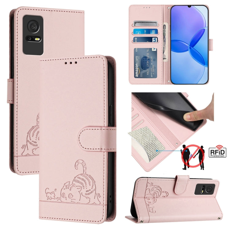 Cat Rat Embossed Pattern RFID Leather Phone Case with Lanyard, For TCL 50 XE, For TCL 50 SE, For TCL 501, For TCL 505, For TCL 502, For TCL 405 / 406 / 408, For TCL 40 XL / 40 T T608DL, For TCL 40 SE