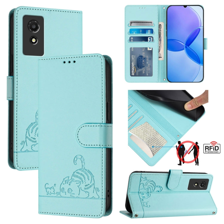 Cat Rat Embossed Pattern RFID Leather Phone Case with Lanyard, For TCL 50 XE, For TCL 50 SE, For TCL 501, For TCL 505, For TCL 502, For TCL 405 / 406 / 408, For TCL 40 XL / 40 T T608DL, For TCL 40 SE